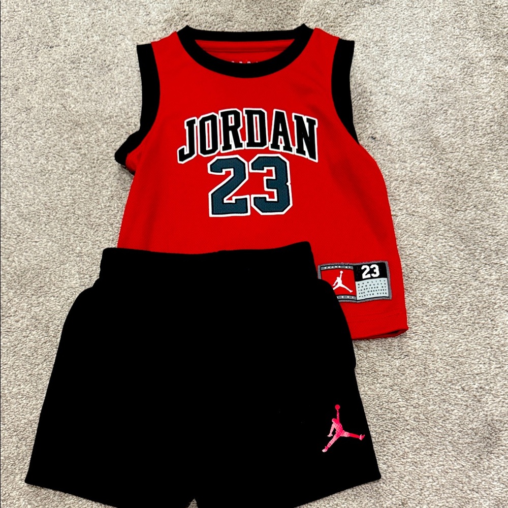 Size 3T Jordan Kids Red and Black Tank Top with Shorts Set